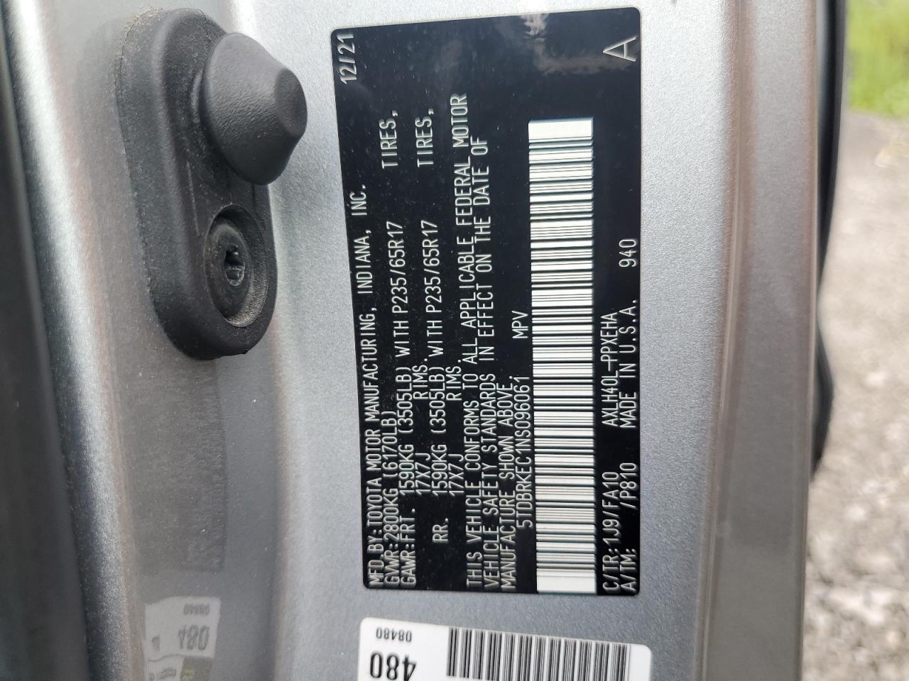 2022 Toyota Sienna Le VIN: 5TDBRKEC1NS096061 Lot: 67847375