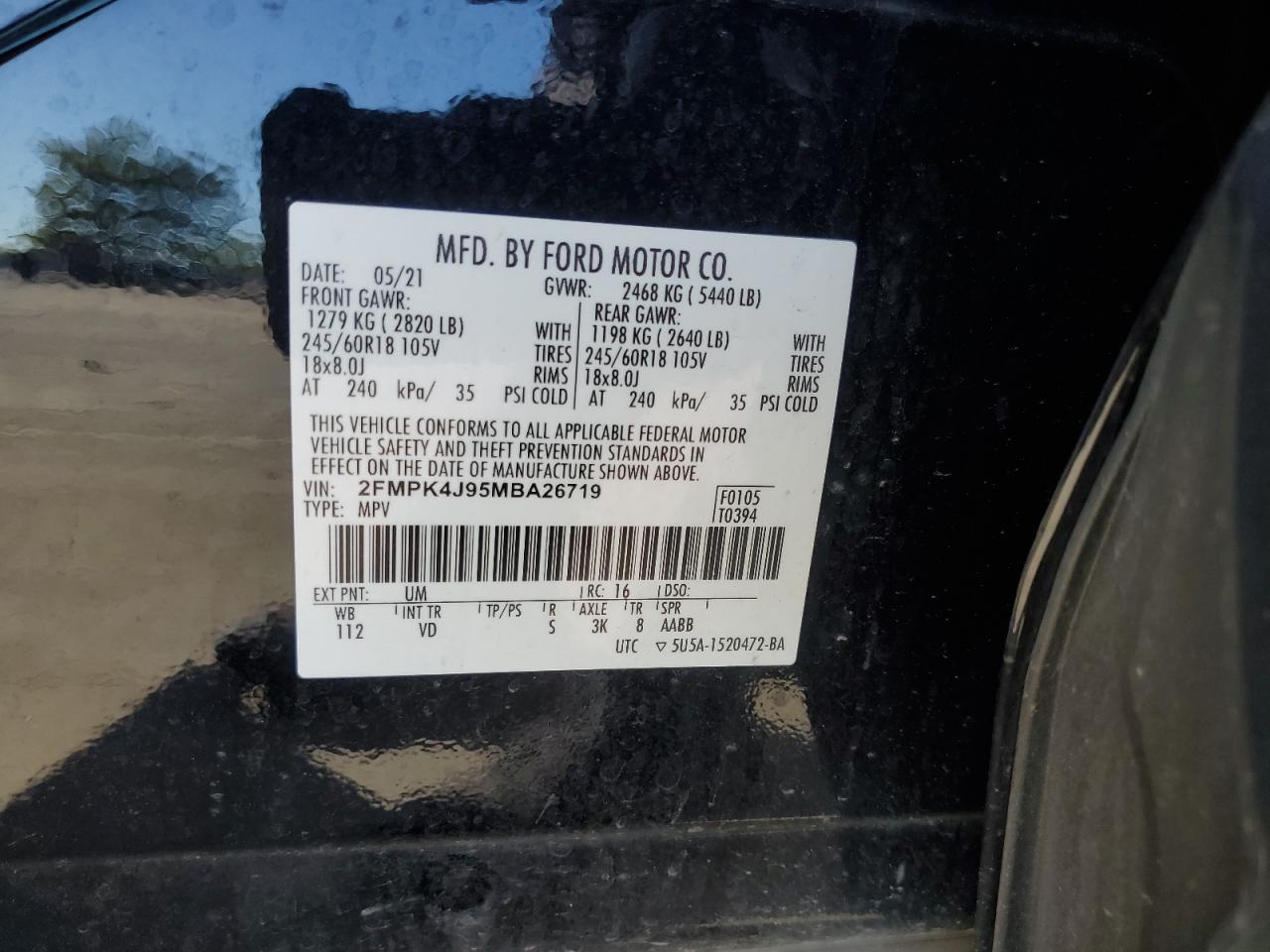 2021 Ford Edge Sel VIN: 2FMPK4J95MBA26719 Lot: 70472365