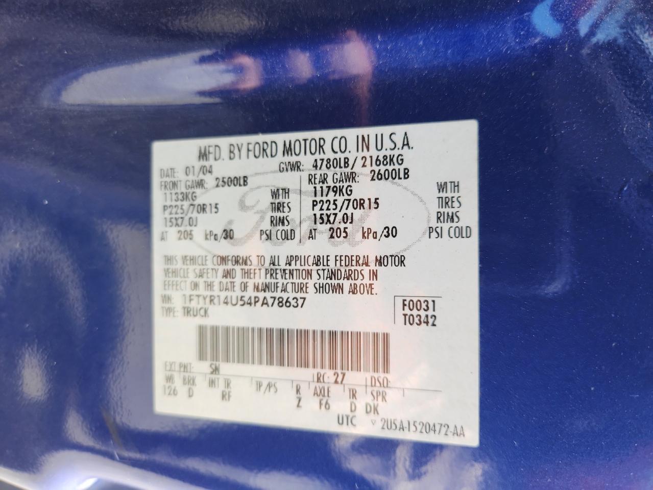 2004 Ford Ranger Super Cab VIN: 1FTYR14U54PA78637 Lot: 70150835