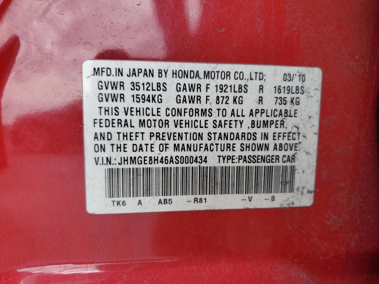 2010 Honda Fit Sport VIN: JHMGE8H46AS000434 Lot: 69873065