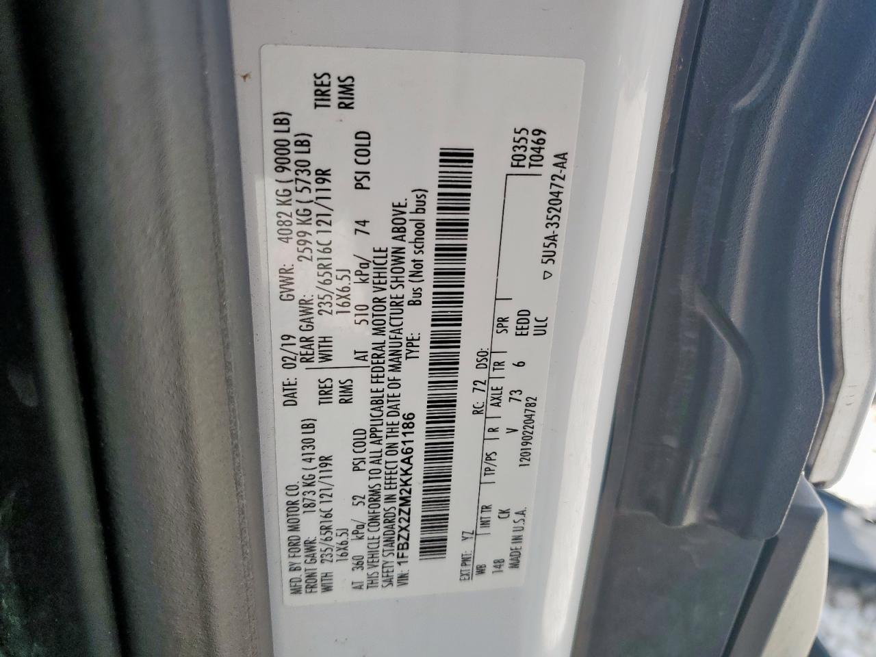 2019 Ford Transit T-350 VIN: 1FBZX2ZM2KKA61186 Lot: 68792365