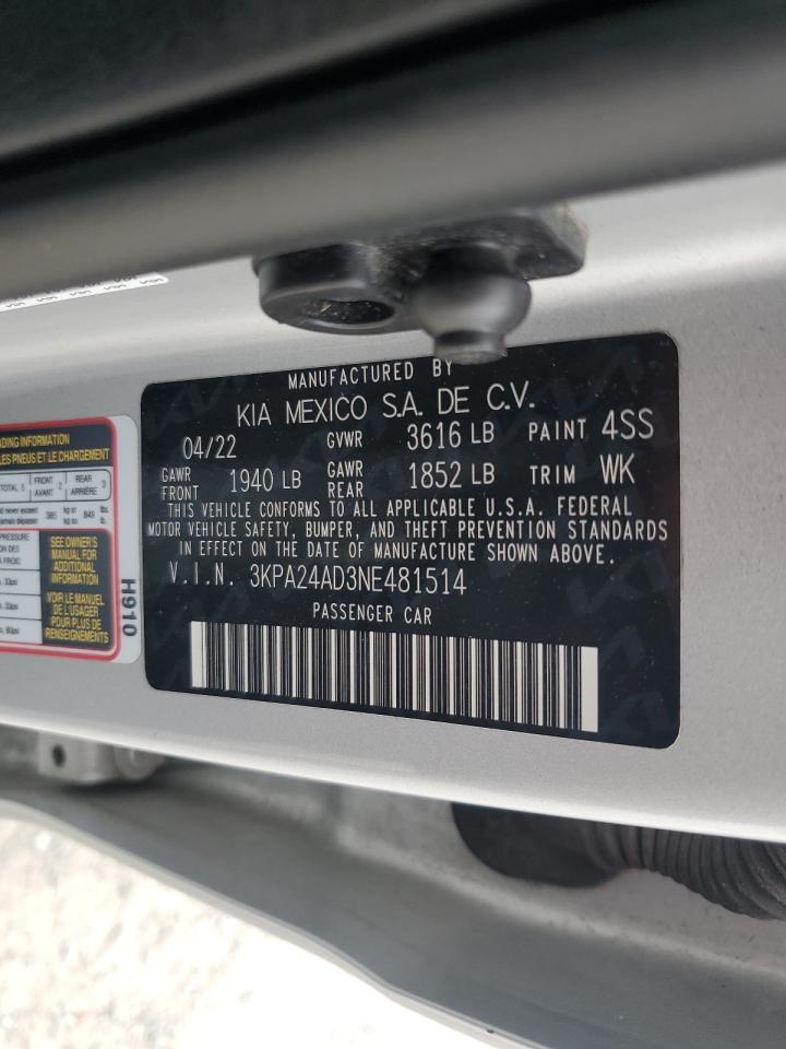 2022 Kia Rio Lx VIN: 3KPA24AD3NE481514 Lot: 68663745