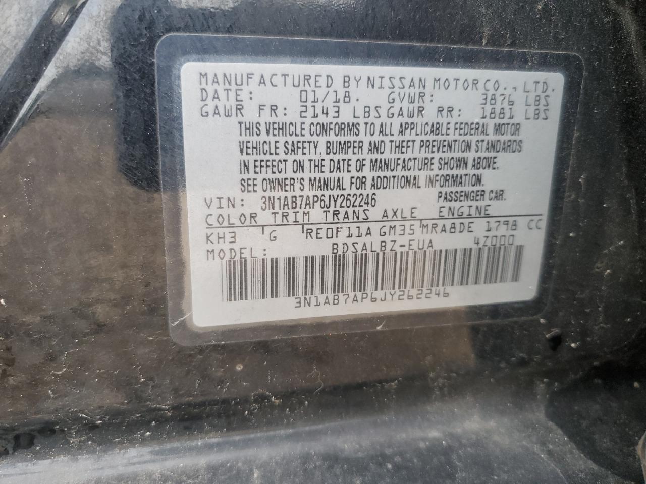 2018 Nissan Sentra S VIN: 3N1AB7AP6JY262246 Lot: 69754325