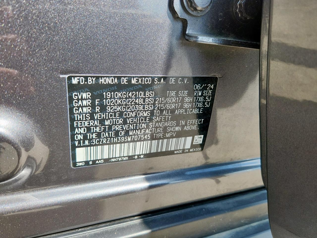 2025 Honda Hr-V Lx VIN: 3CZRZ1H39SM707545 Lot: 70832335