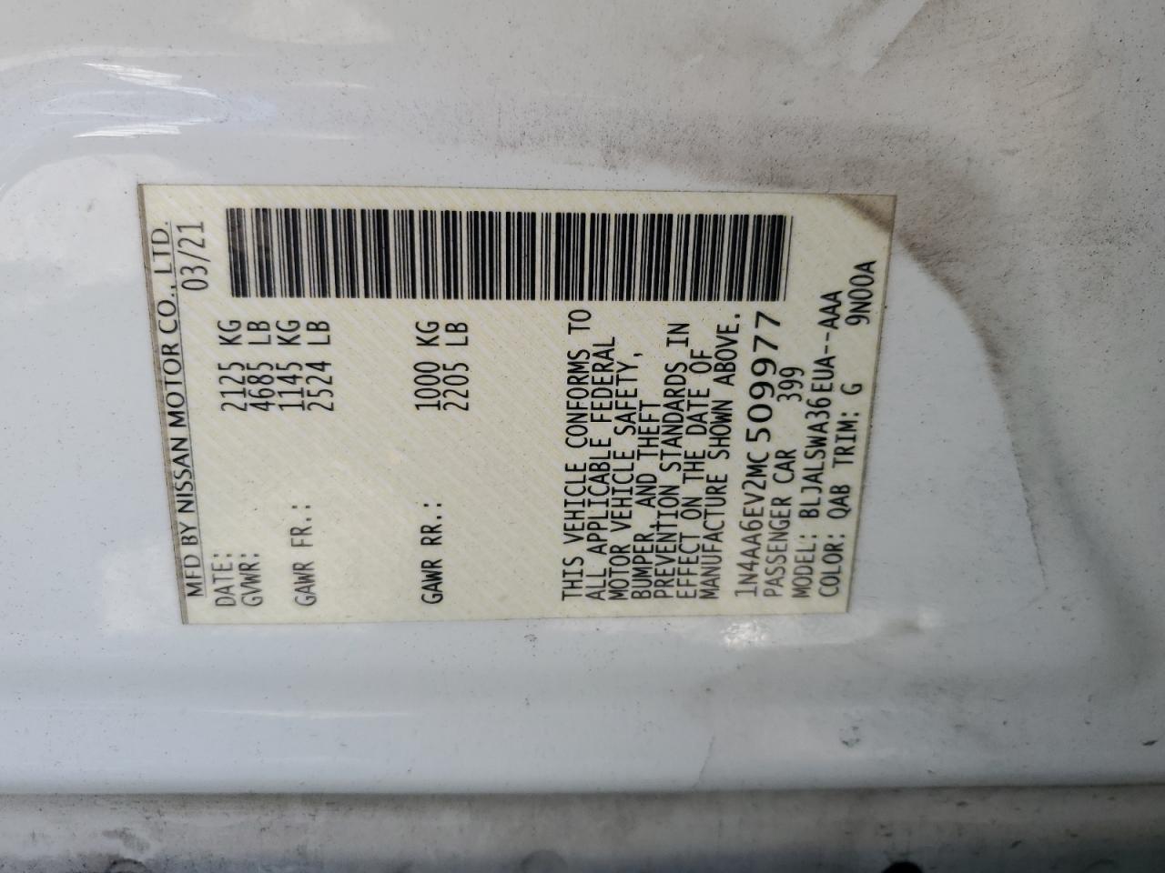 2021 Nissan Maxima Sr VIN: 1N4AA6EV2MC509977 Lot: 67977815