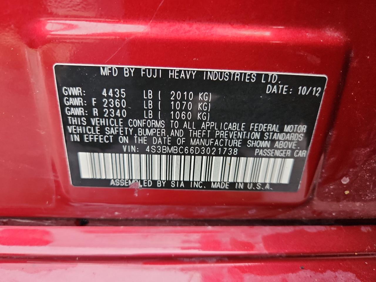 2013 Subaru Legacy 2.5I Premium VIN: 4S3BMBC66D3021738 Lot: 68756785