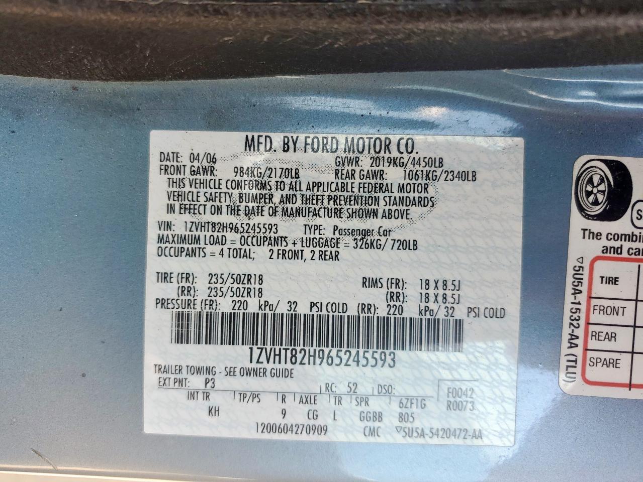 2006 Ford Mustang Gt VIN: 1ZVHT82H965245593 Lot: 70193985