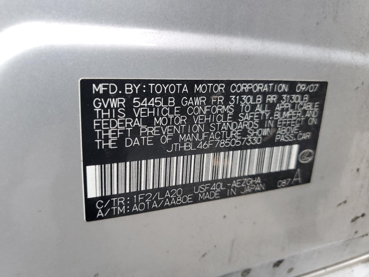 2008 Lexus Ls 460 460 VIN: JTHBL46F785057330 Lot: 42956760