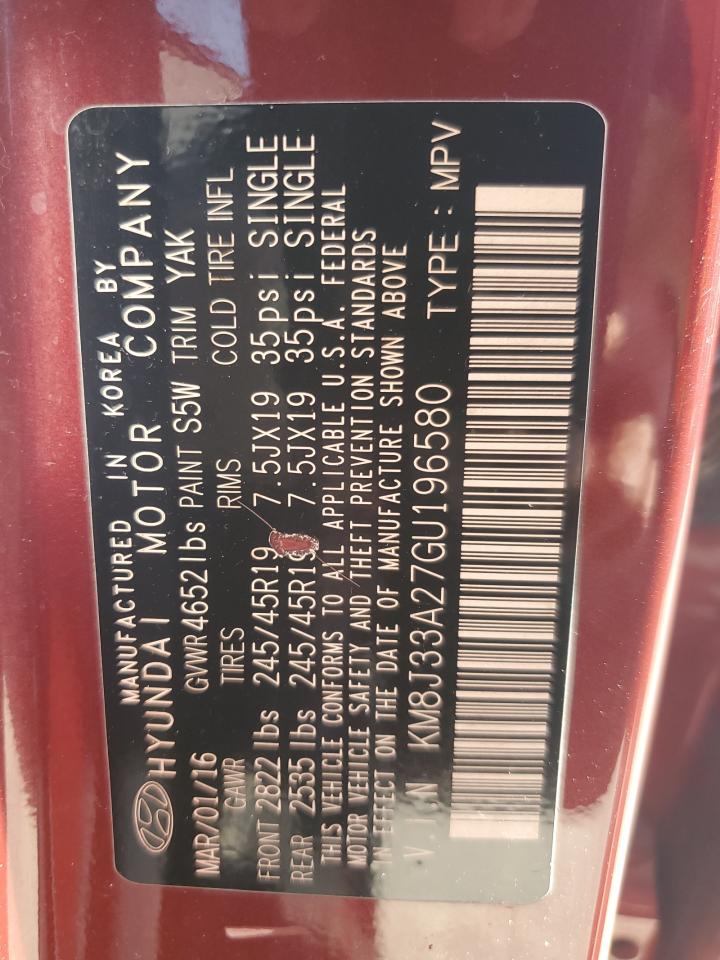 2016 Hyundai Tucson Limited VIN: KM8J33A27GU196580 Lot: 70176585