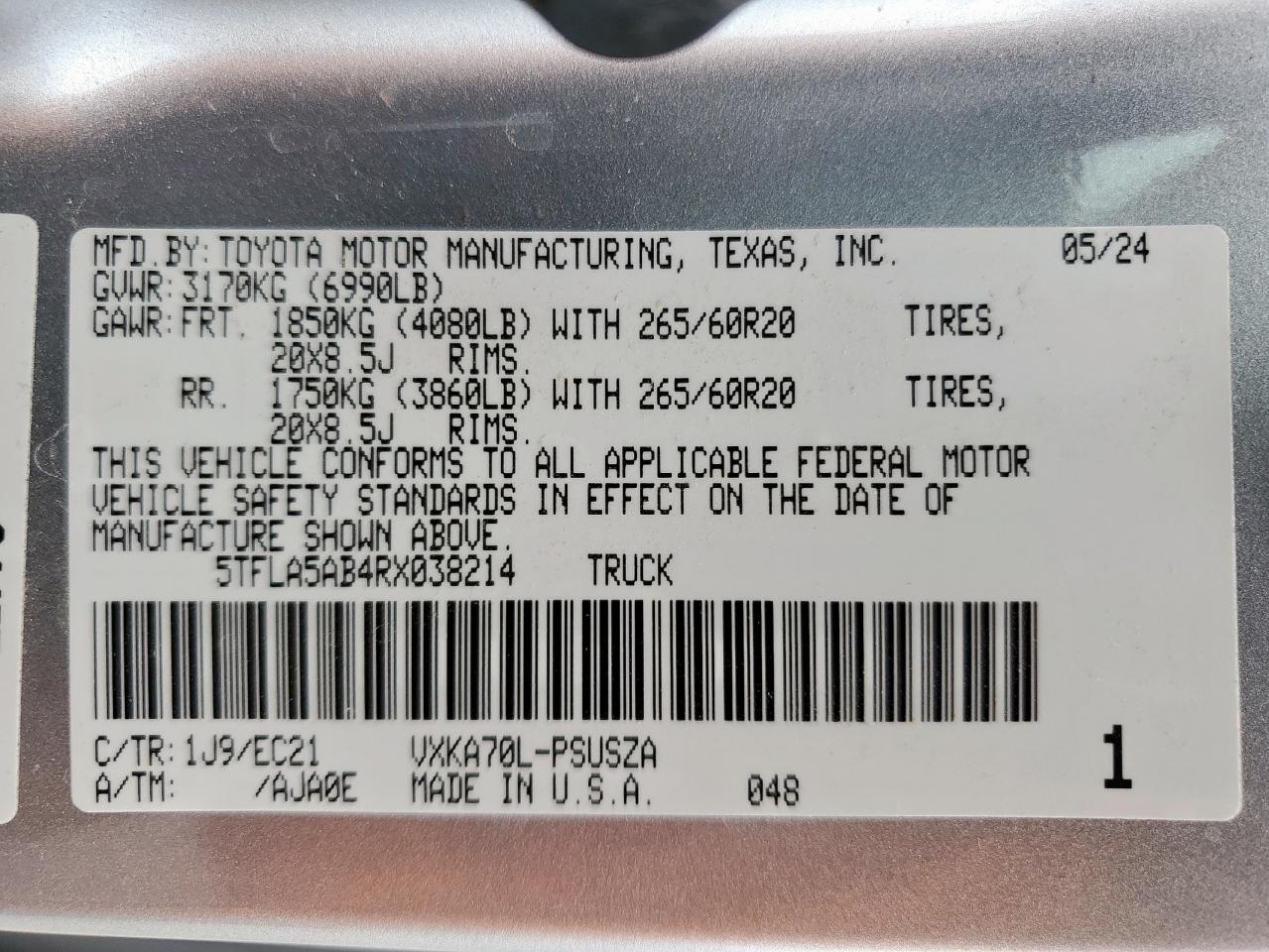 2024 Toyota Tundra Crewmax Sr VIN: 5TFLA5AB4RX038214 Lot: 67417785