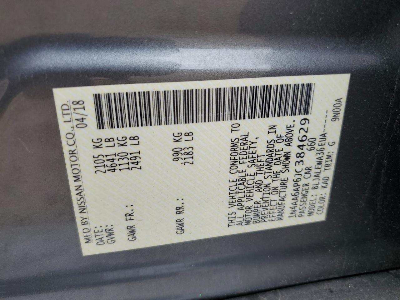 2018 Nissan Maxima 3.5S VIN: 1N4AA6AP6JC384629 Lot: 69241005