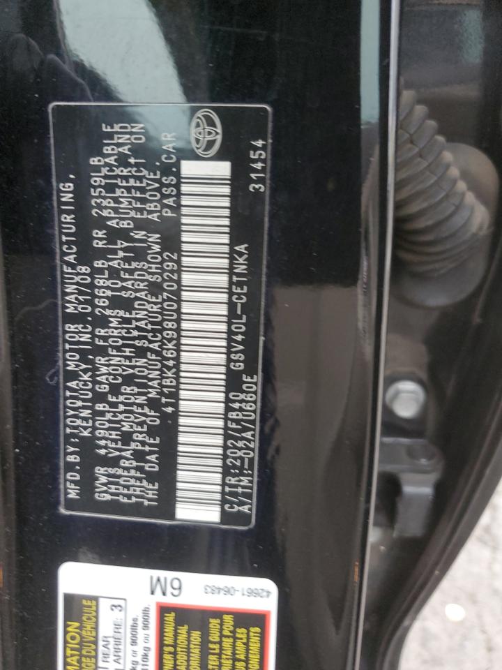 2008 Toyota Camry Le VIN: 4T1BK46K98U070292 Lot: 70555035