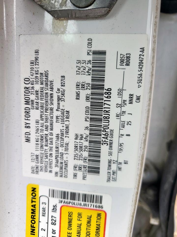 2018 Ford Fusion Se Hybrid VIN: 3FA6P0LU8JR171686 Lot: 66075385