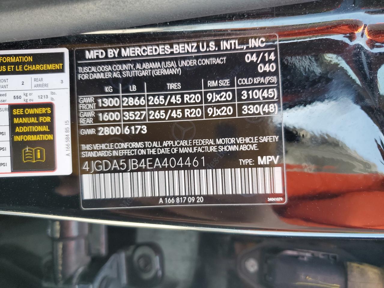 2014 Mercedes-Benz Ml 350 VIN: 4JGDA5JB4EA404461 Lot: 70478925