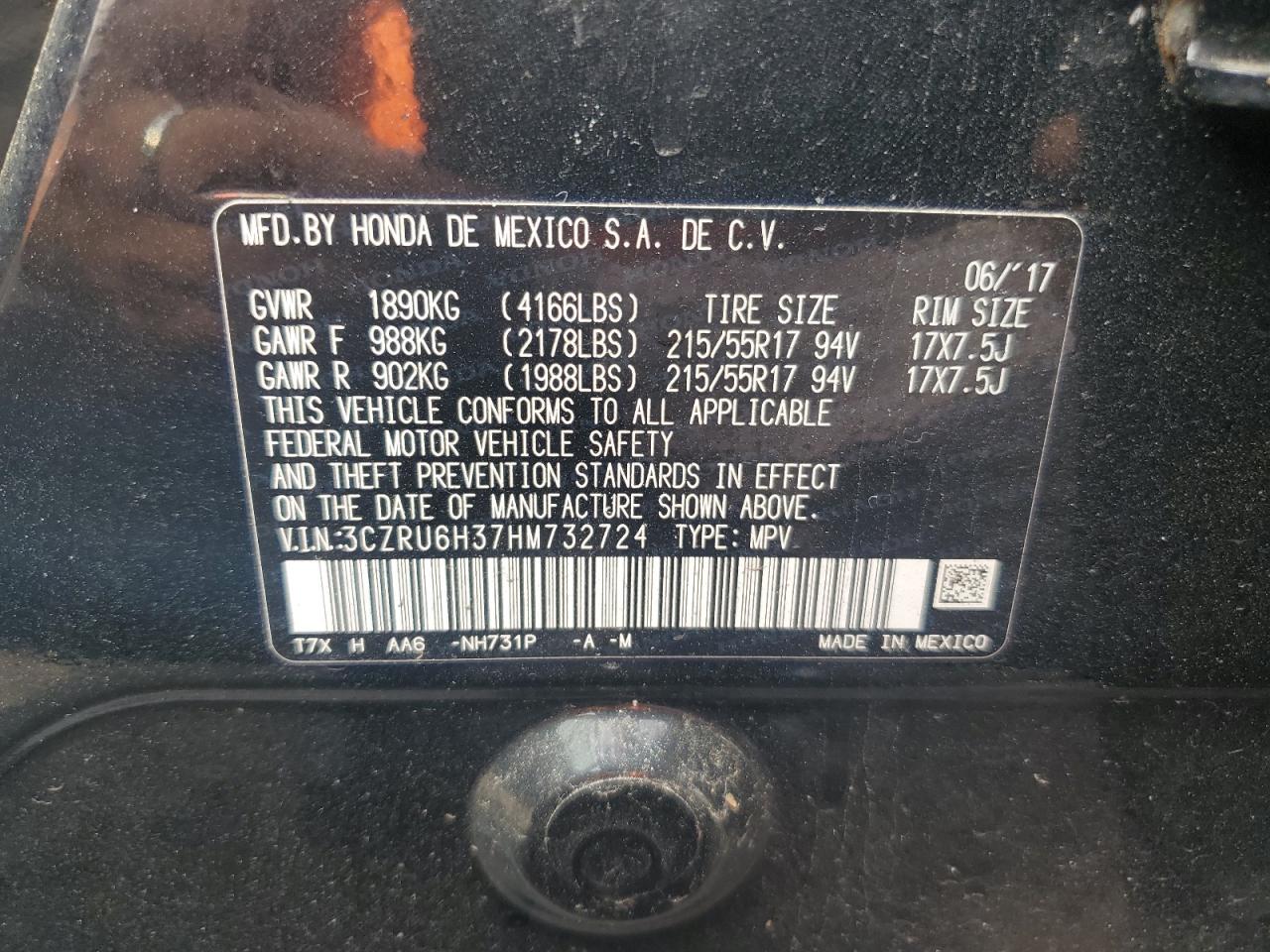 2017 Honda Hr-V Lx VIN: 3CZRU6H37HM732724 Lot: 68759345