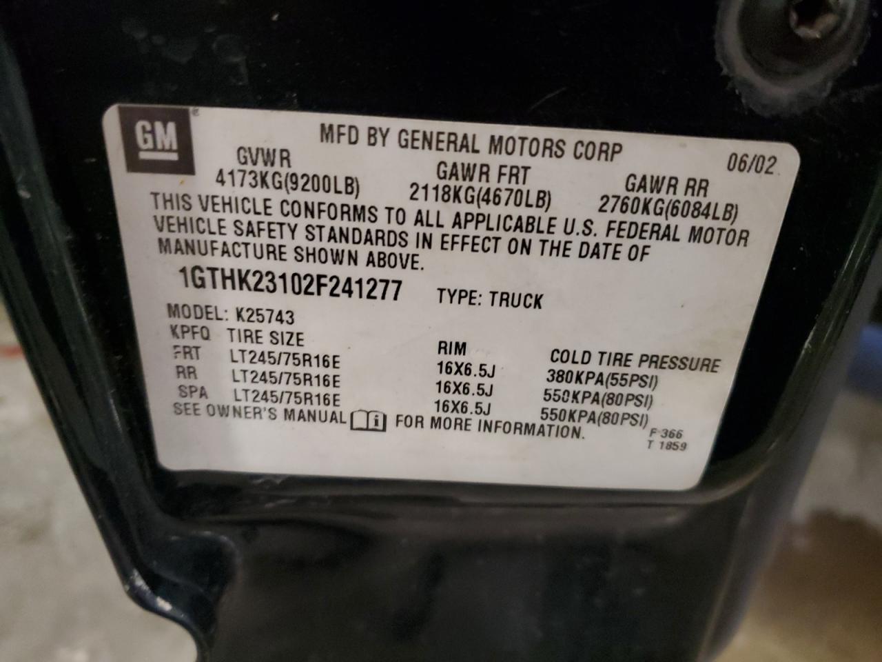 2002 GMC Sierra K2500 Heavy Duty VIN: 1GTHK23102F241277 Lot: 67983615