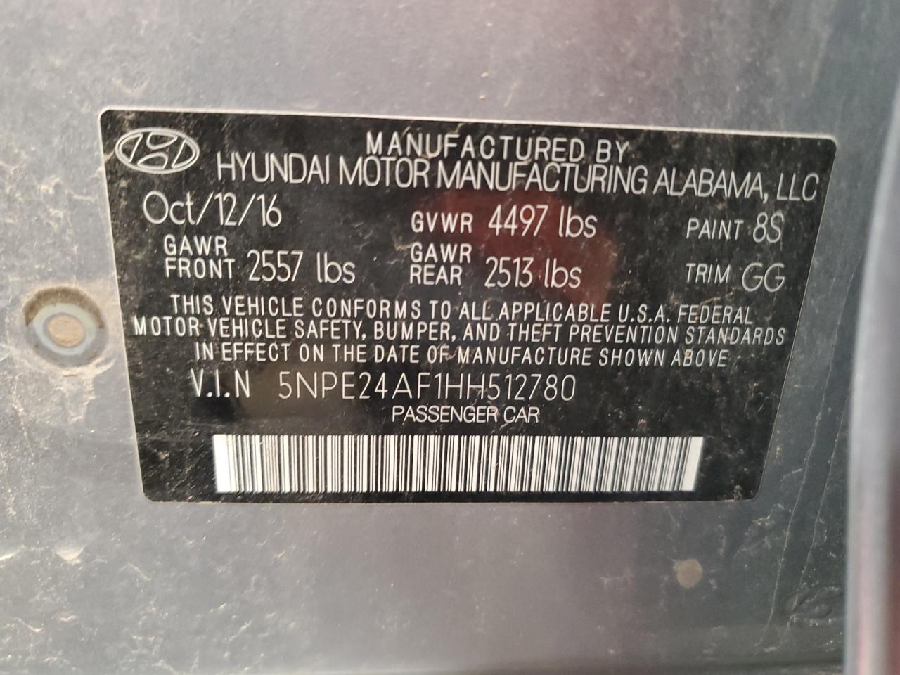 2017 Hyundai Sonata Se VIN: 5NPE24AF1HH512780 Lot: 66884635