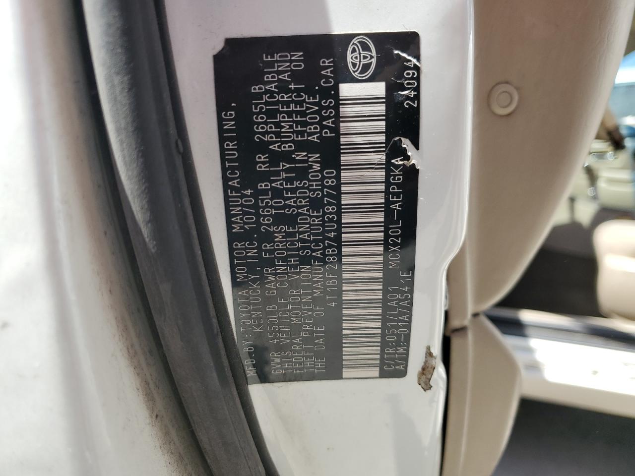 2004 Toyota Avalon Xl VIN: 4T1BF28B74U387780 Lot: 70589765