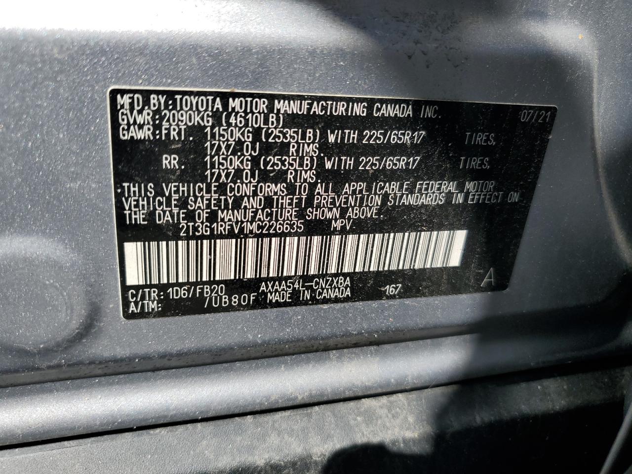 2021 Toyota Rav4 Le VIN: 2T3G1RFV1MC226635 Lot: 69584785