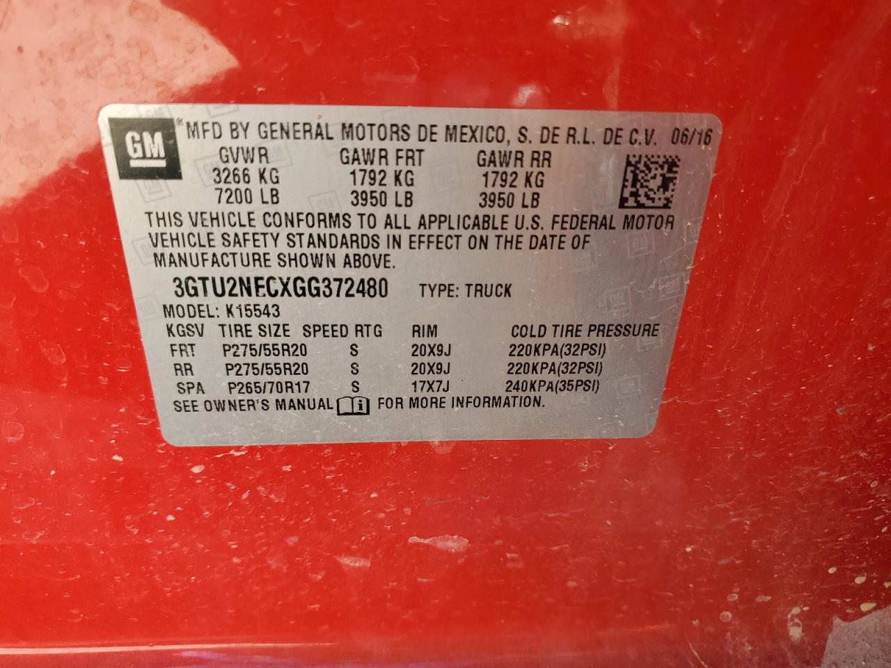 2016 GMC Sierra K1500 Slt VIN: 3GTU2NECXGG372480 Lot: 69887275