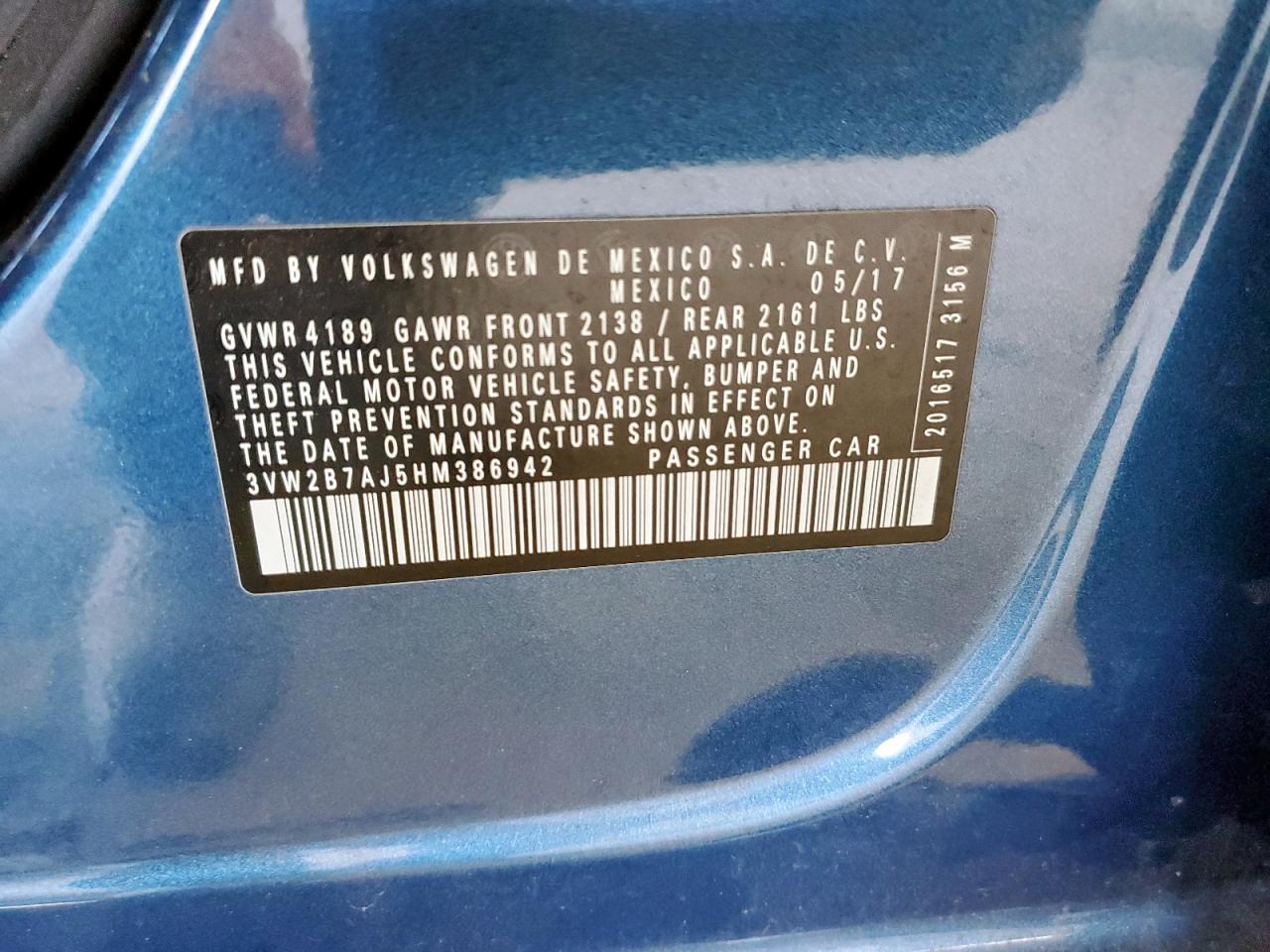 2017 Volkswagen Jetta S VIN: 3VW2B7AJ5HM386942 Lot: 67850525