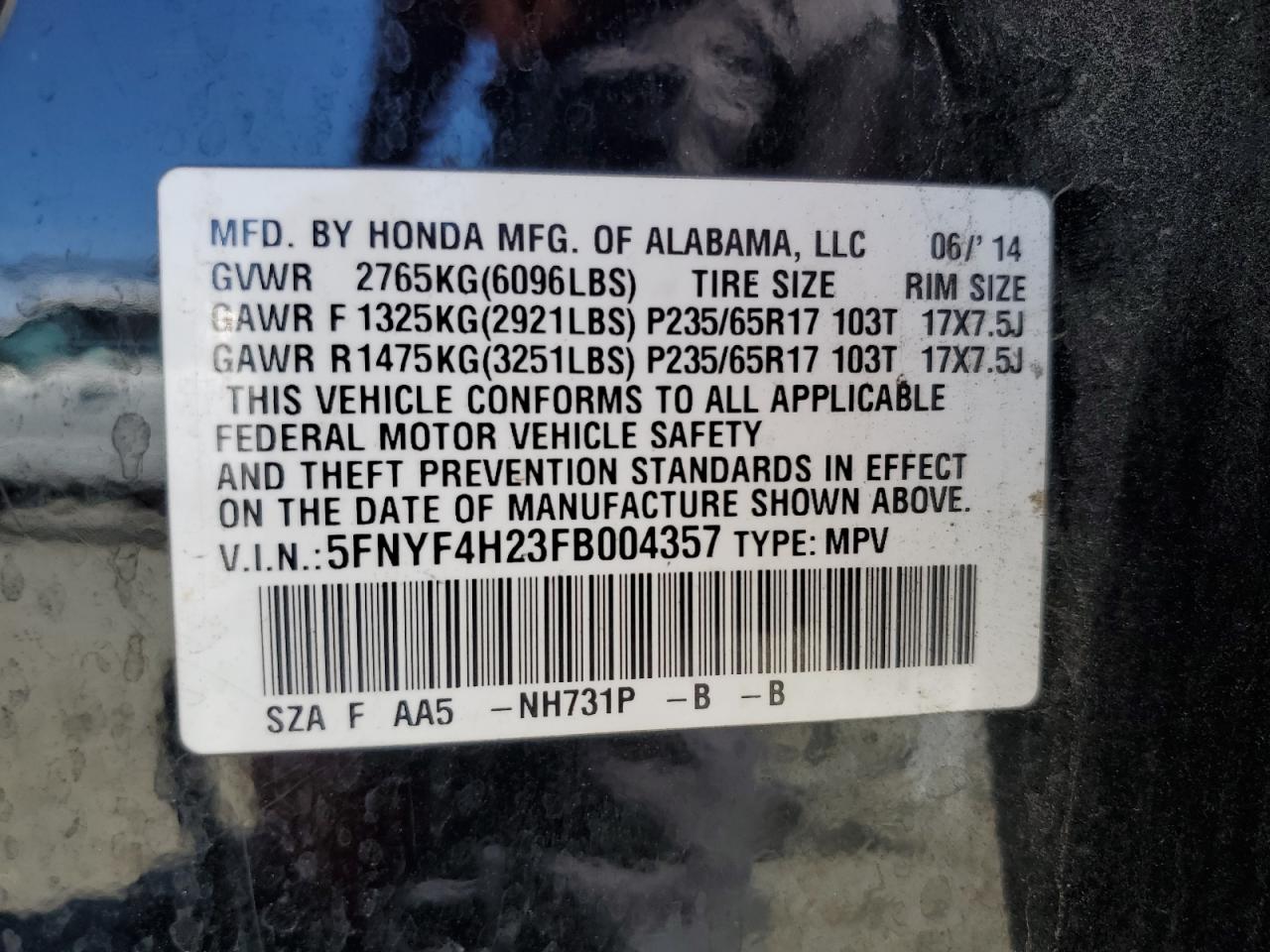 2015 Honda Pilot Lx VIN: 5FNYF4H23FB004357 Lot: 66640265