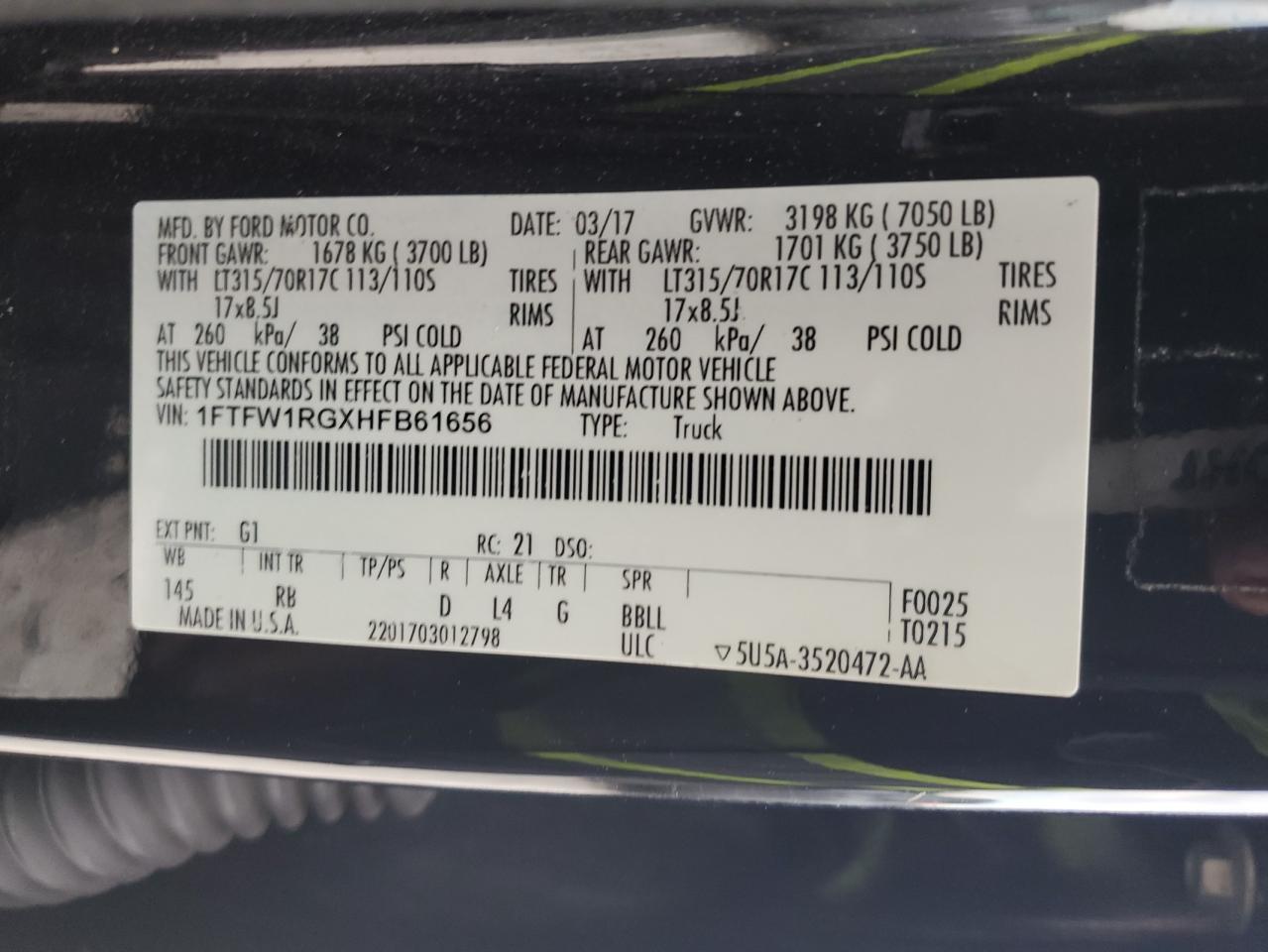 2017 Ford F150 Raptor VIN: 1FTFW1RGXHFB61656 Lot: 70707825