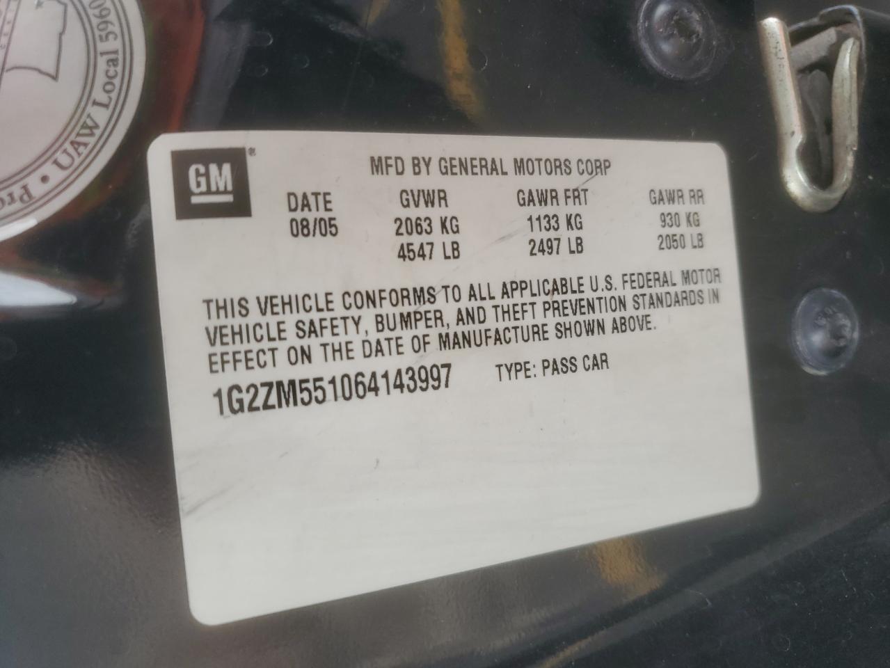 2006 Pontiac G6 Gtp VIN: 1G2ZM551064143997 Lot: 70224915