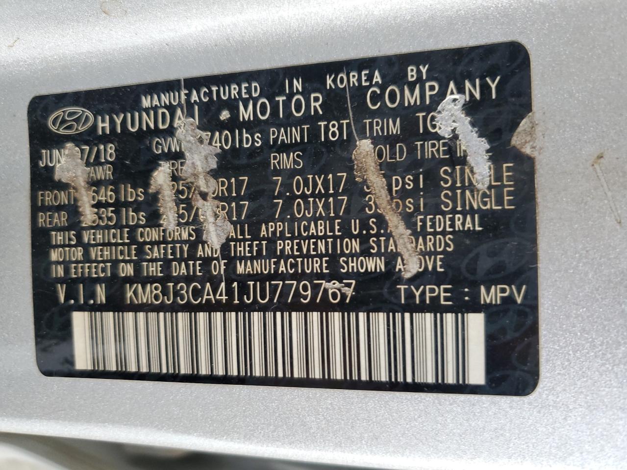 2018 Hyundai Tucson Sel VIN: KM8J3CA41JU779767 Lot: 70746555