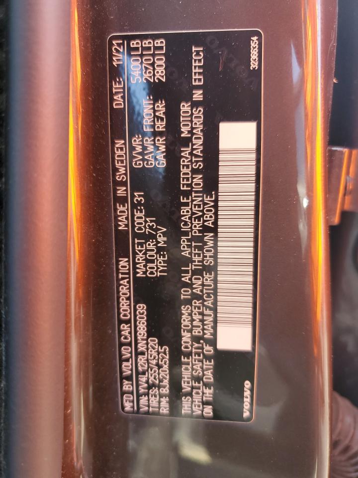 2022 Volvo Xc60 B5 Inscription VIN: YV4L12RLXN1986039 Lot: 69286025