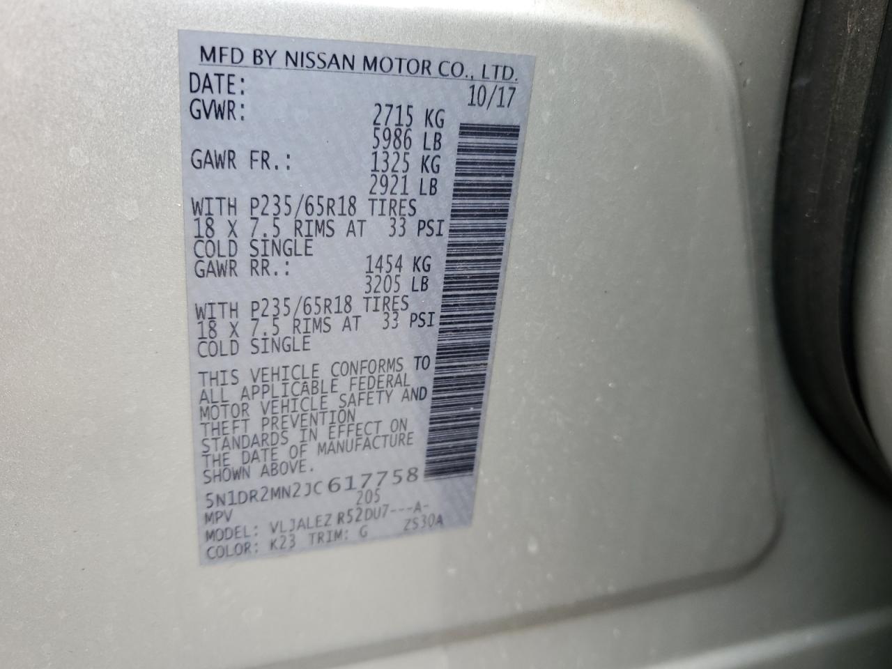2018 Nissan Pathfinder S VIN: 5N1DR2MN2JC617758 Lot: 68208035