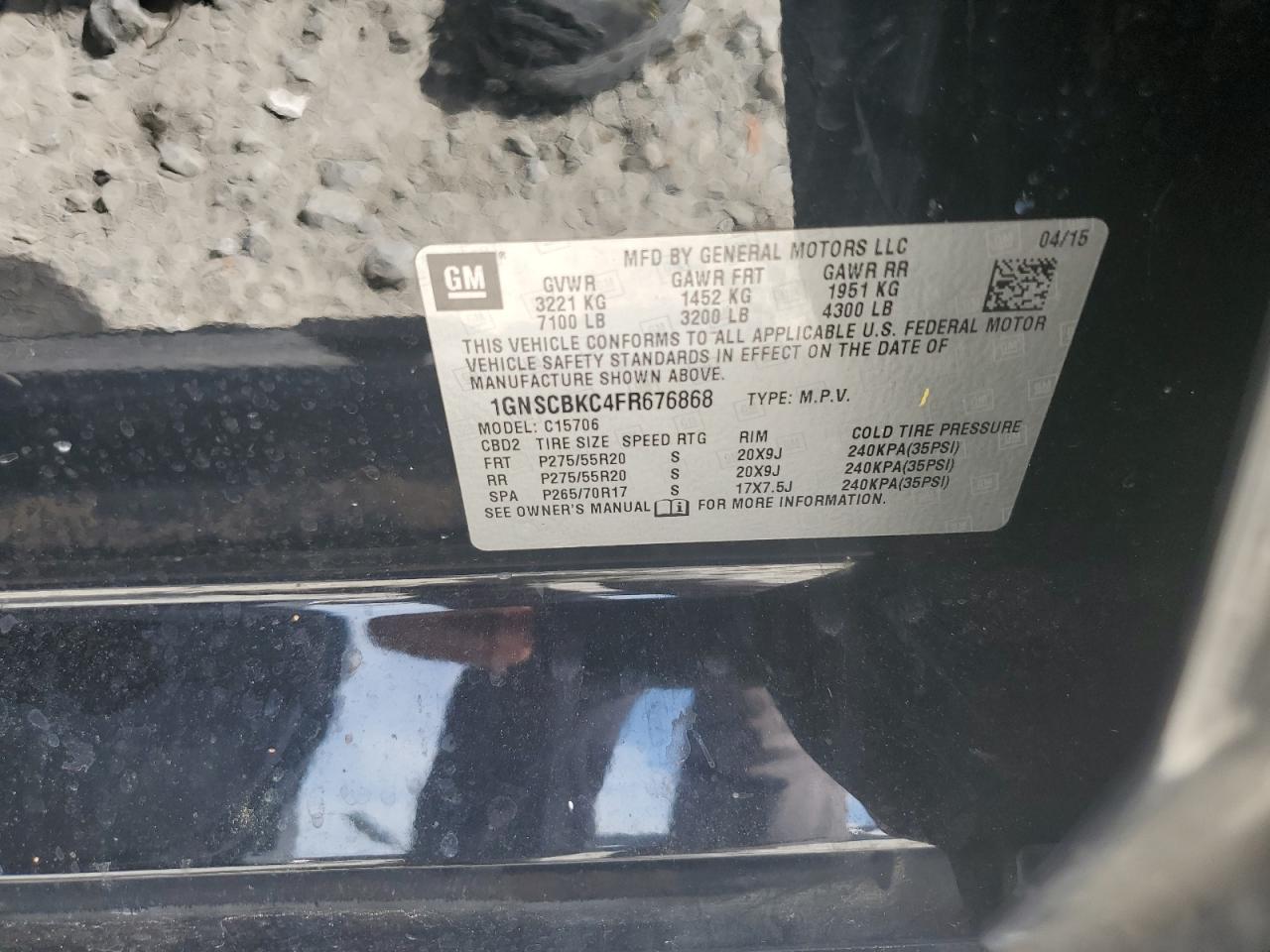 2015 Chevrolet Tahoe C1500 Lt VIN: 1GNSCBKC4FR676868 Lot: 68572085