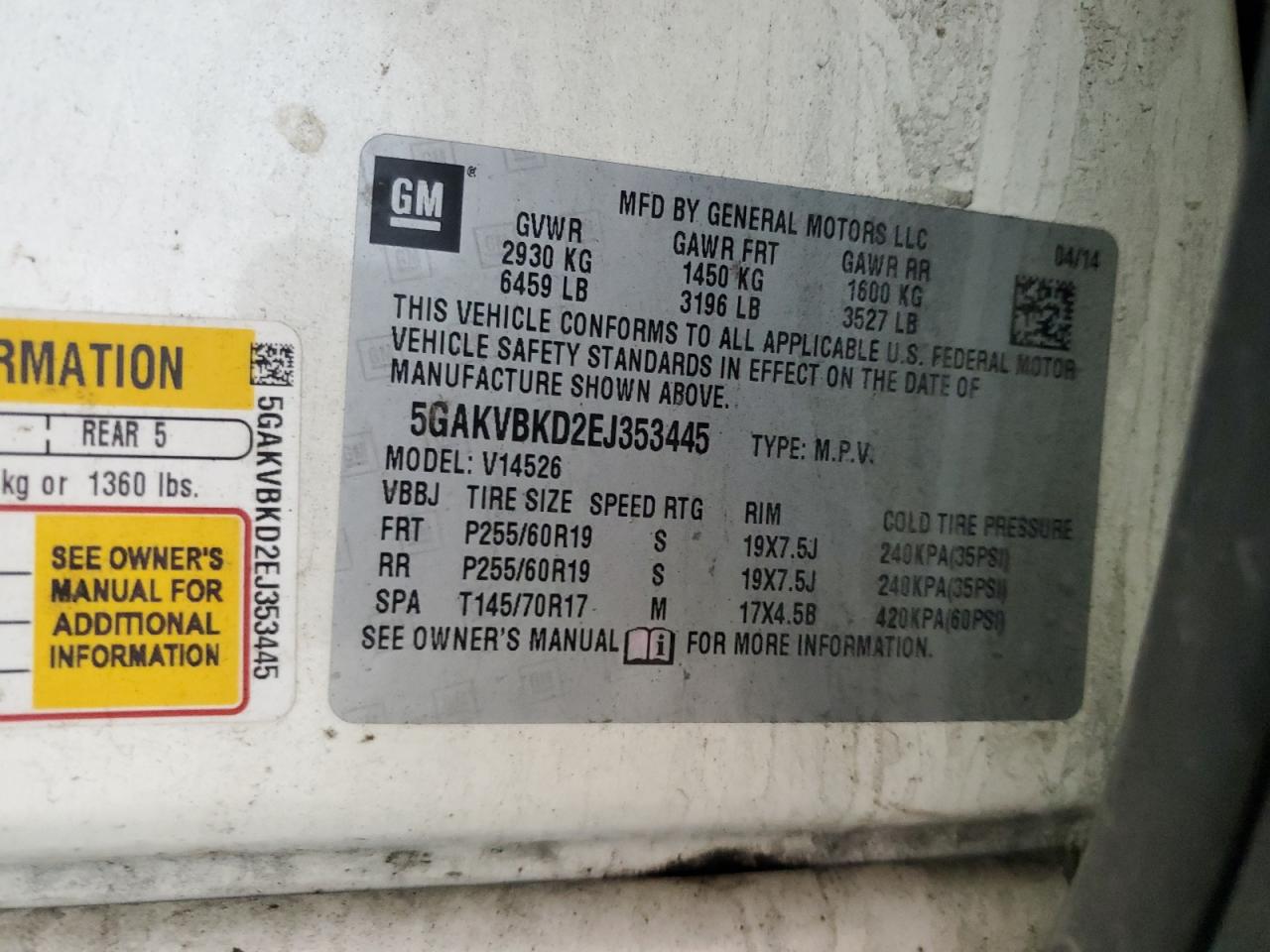 2014 Buick Enclave VIN: 5GAKVBKD2EJ353445 Lot: 69429965