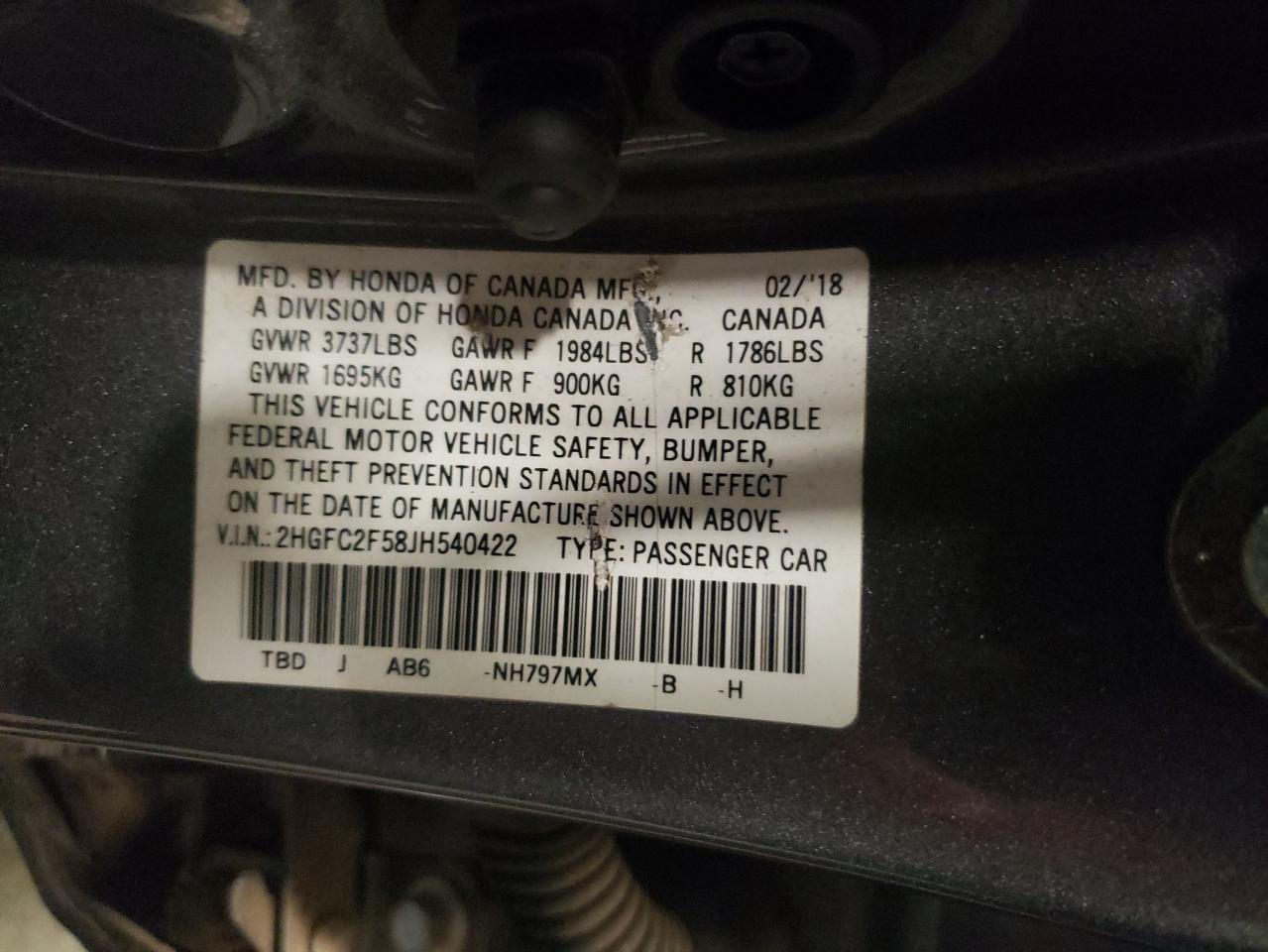2018 Honda Civic Lx VIN: 2HGFC2F58JH540422 Lot: 67222595