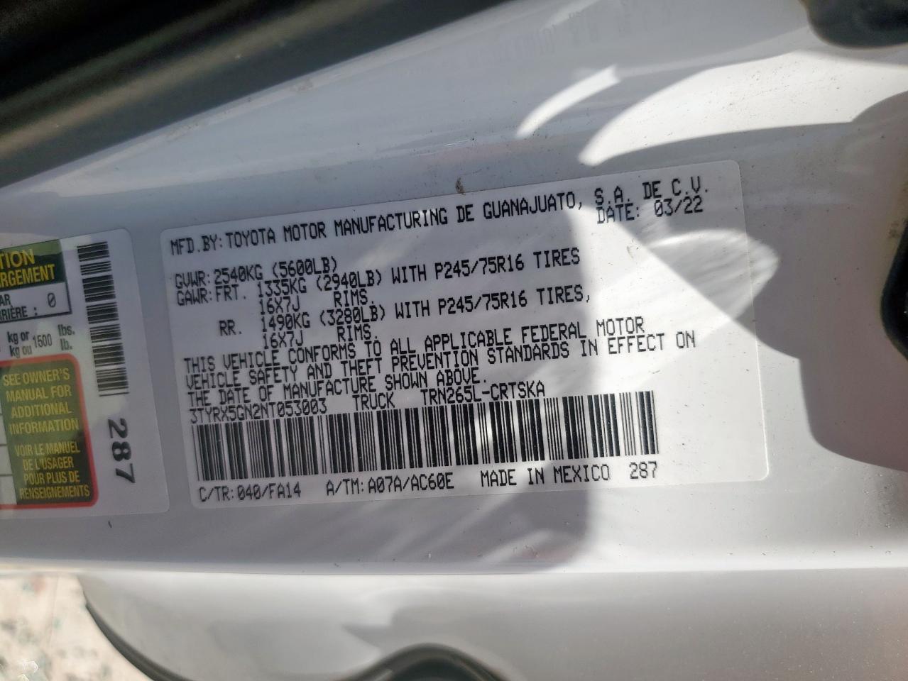 2022 Toyota Tacoma Access Cab VIN: 3TYRX5GN2NT053003 Lot: 68966455