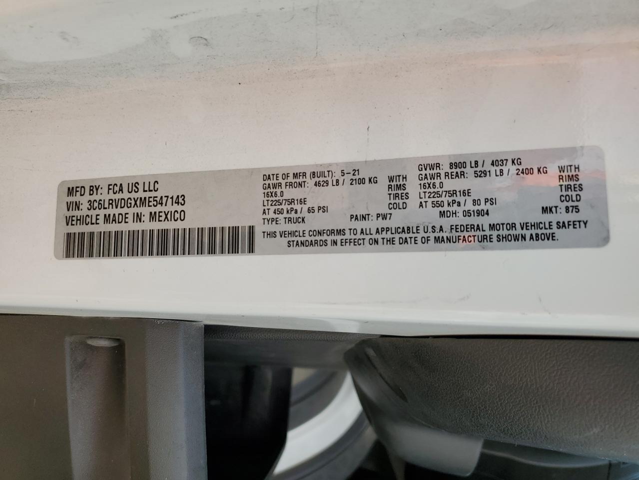 2021 Ram Promaster 2500 2500 High VIN: 3C6LRVDGXME547143 Lot: 69305435