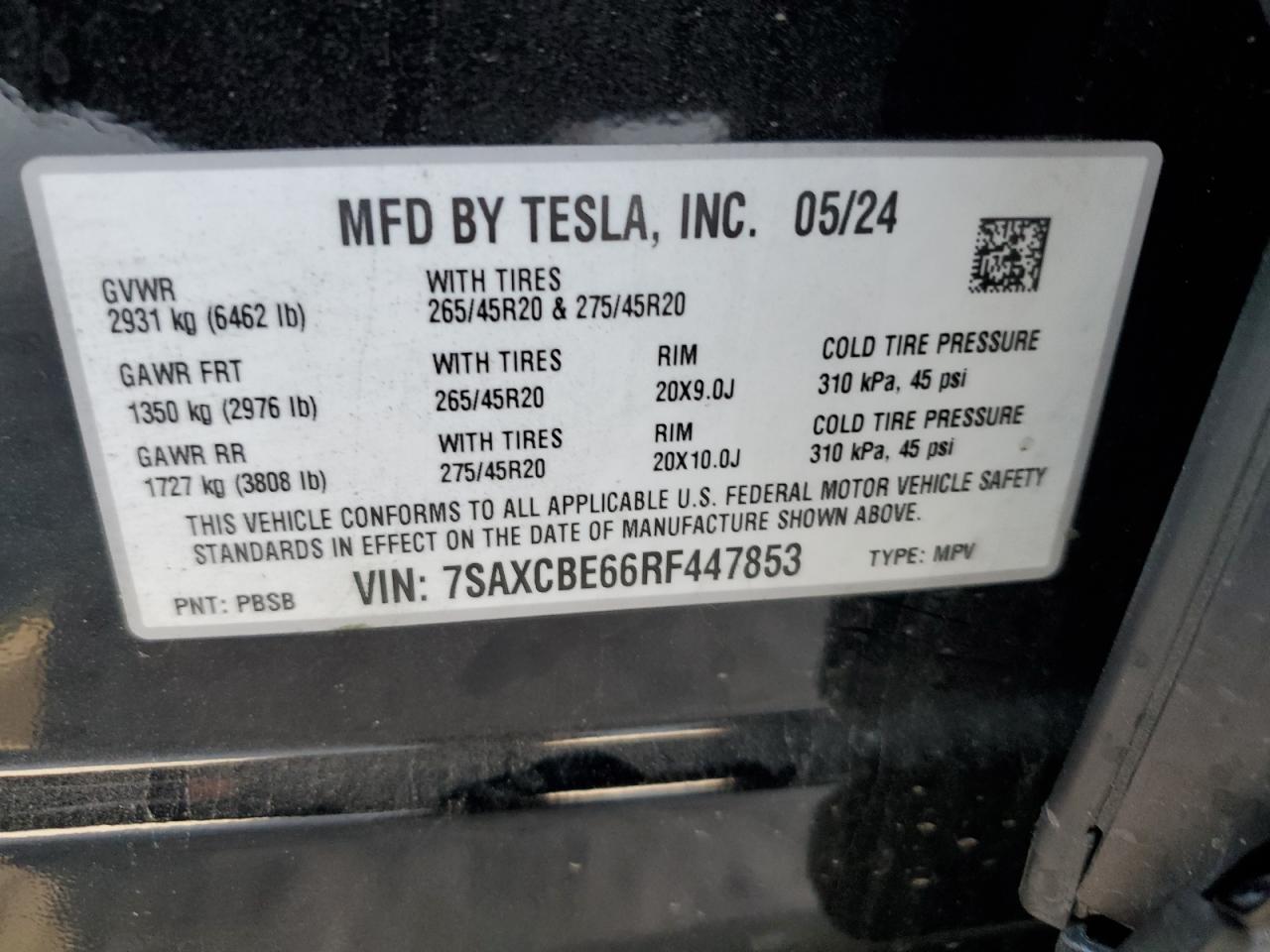 2024 Tesla Model X VIN: 7SAXCBE66RF447853 Lot: 68487645