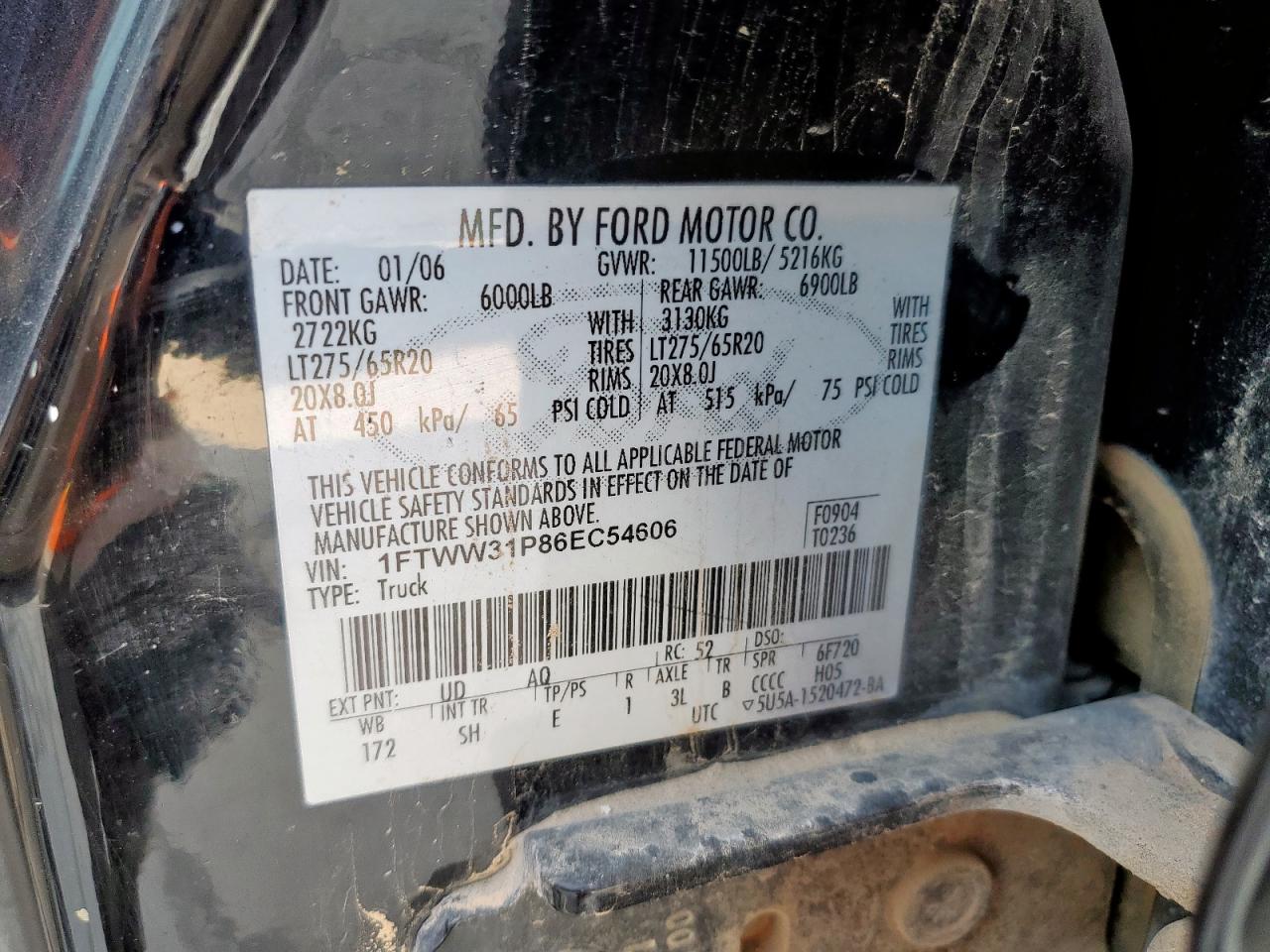 2006 Ford F350 Srw Super Duty VIN: 1FTWW31P86EC54606 Lot: 69074215