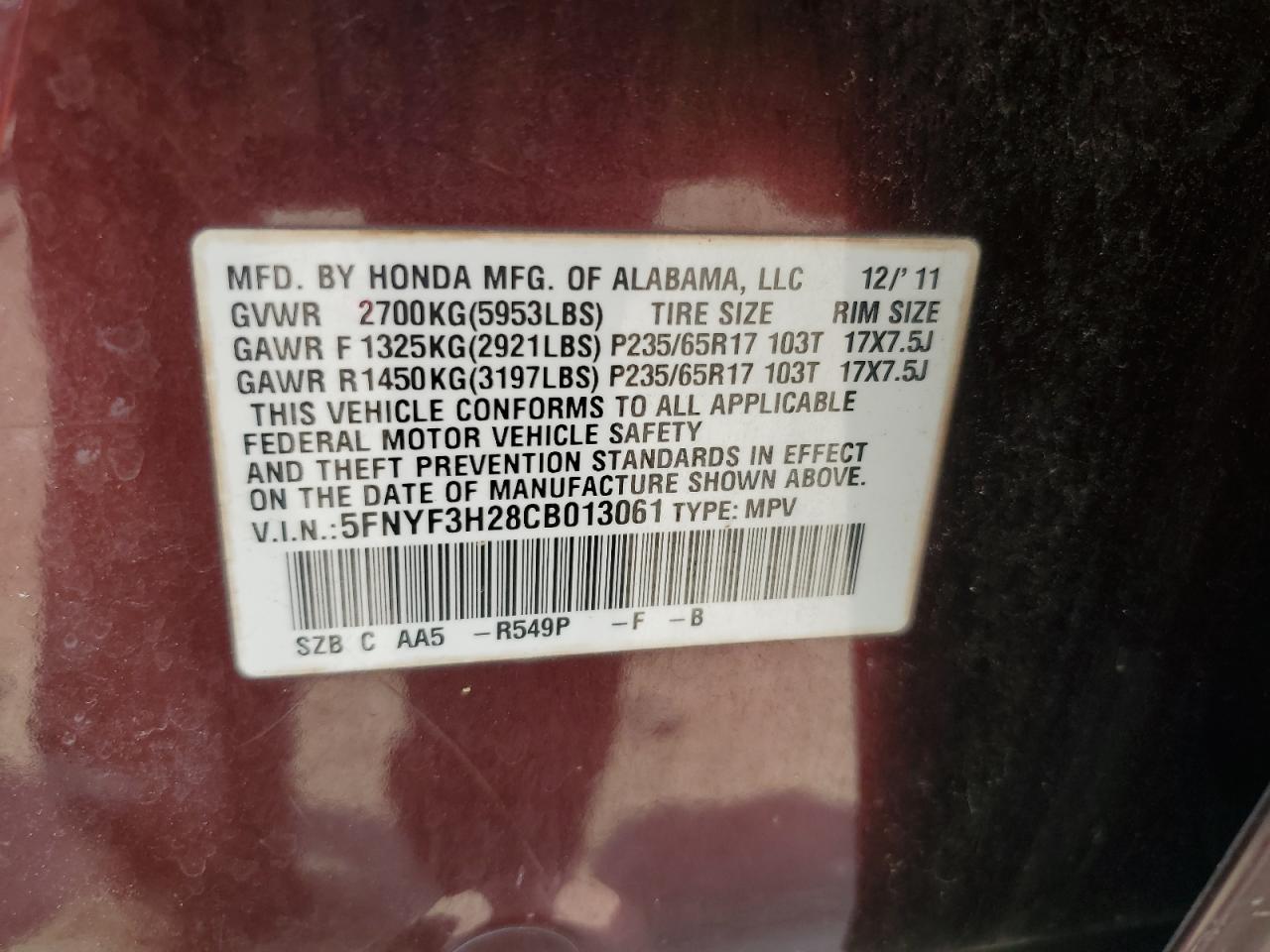 2012 Honda Pilot Lx VIN: 5FNYF3H28CB013061 Lot: 69254315