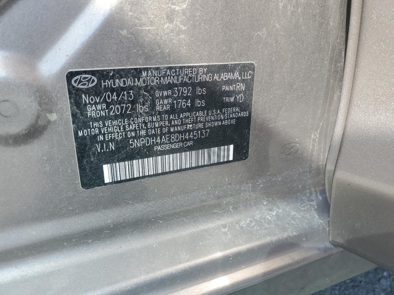 2013 Hyundai Elantra Gls VIN: 5NPDH4AE8DH445137 Lot: 68294075