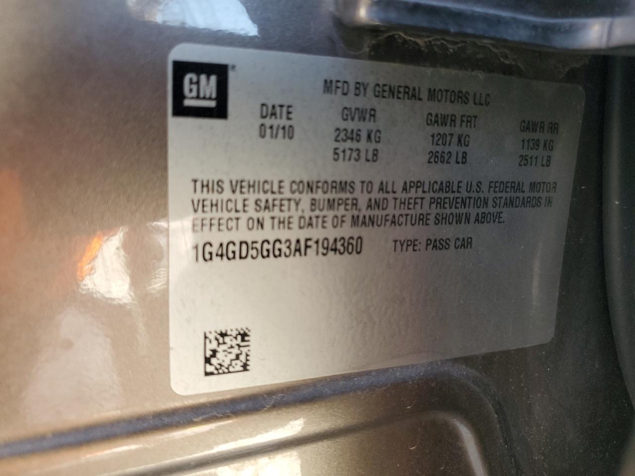 2010 Buick Lacrosse Cxl VIN: 1G4GD5GG3AF194360 Lot: 69755145