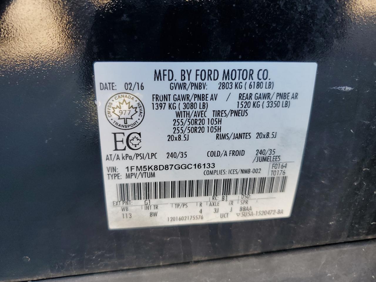 2016 Ford Explorer Xlt VIN: 1FM5K8D87GGC16133 Lot: 69864875