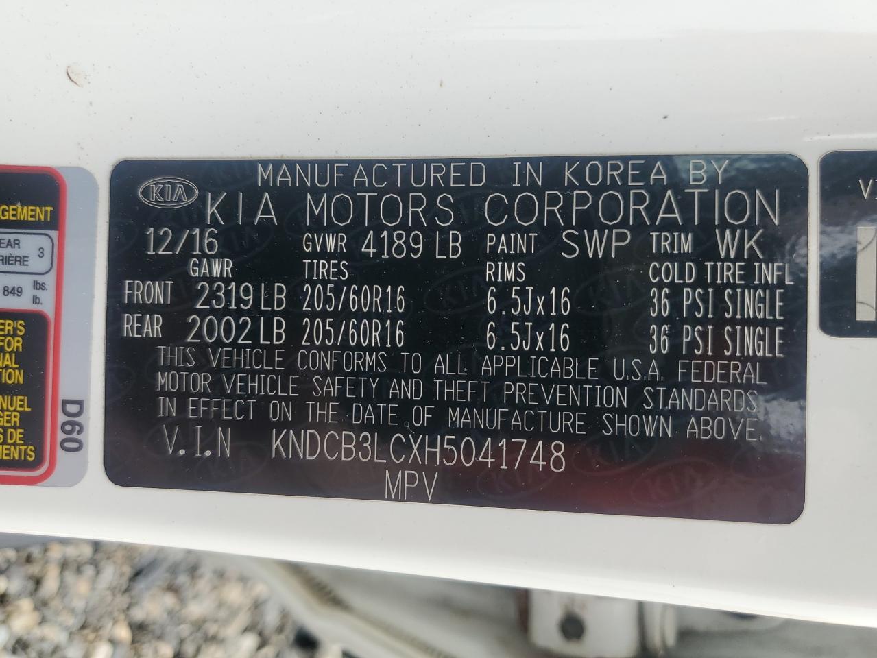 2017 Kia Niro Fe VIN: KNDCB3LCXH5041748 Lot: 68836875