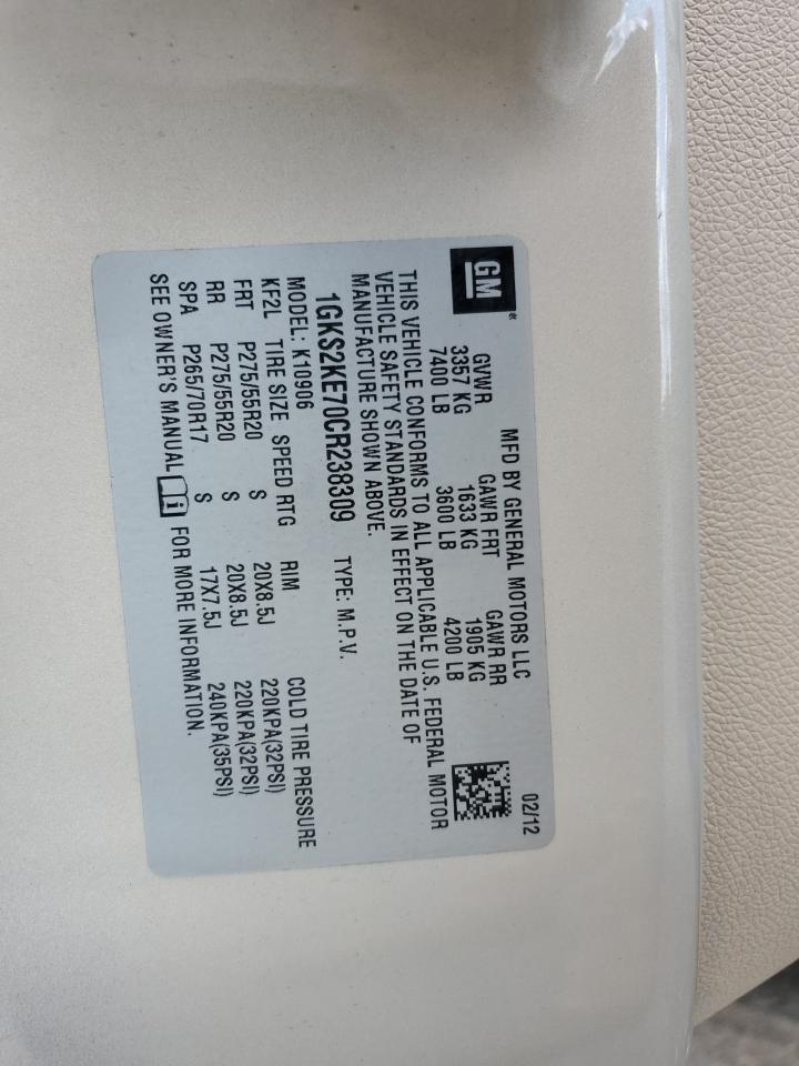 2012 GMC Yukon Xl K1500 Slt VIN: 1GKS2KE70CR238309 Lot: 69008385