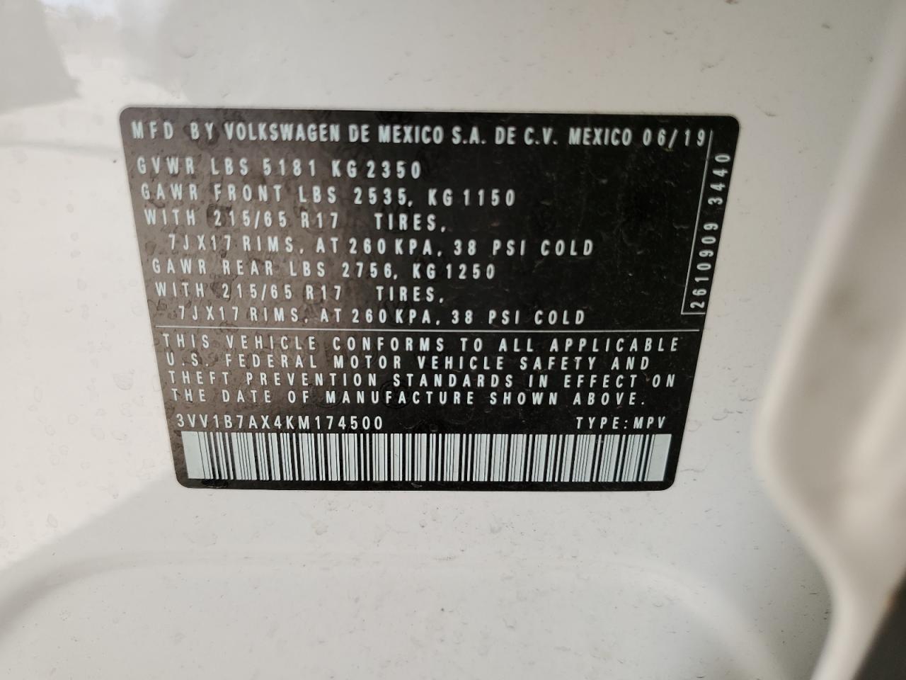2019 Volkswagen Tiguan S VIN: 3VV1B7AX4KM174500 Lot: 87199655