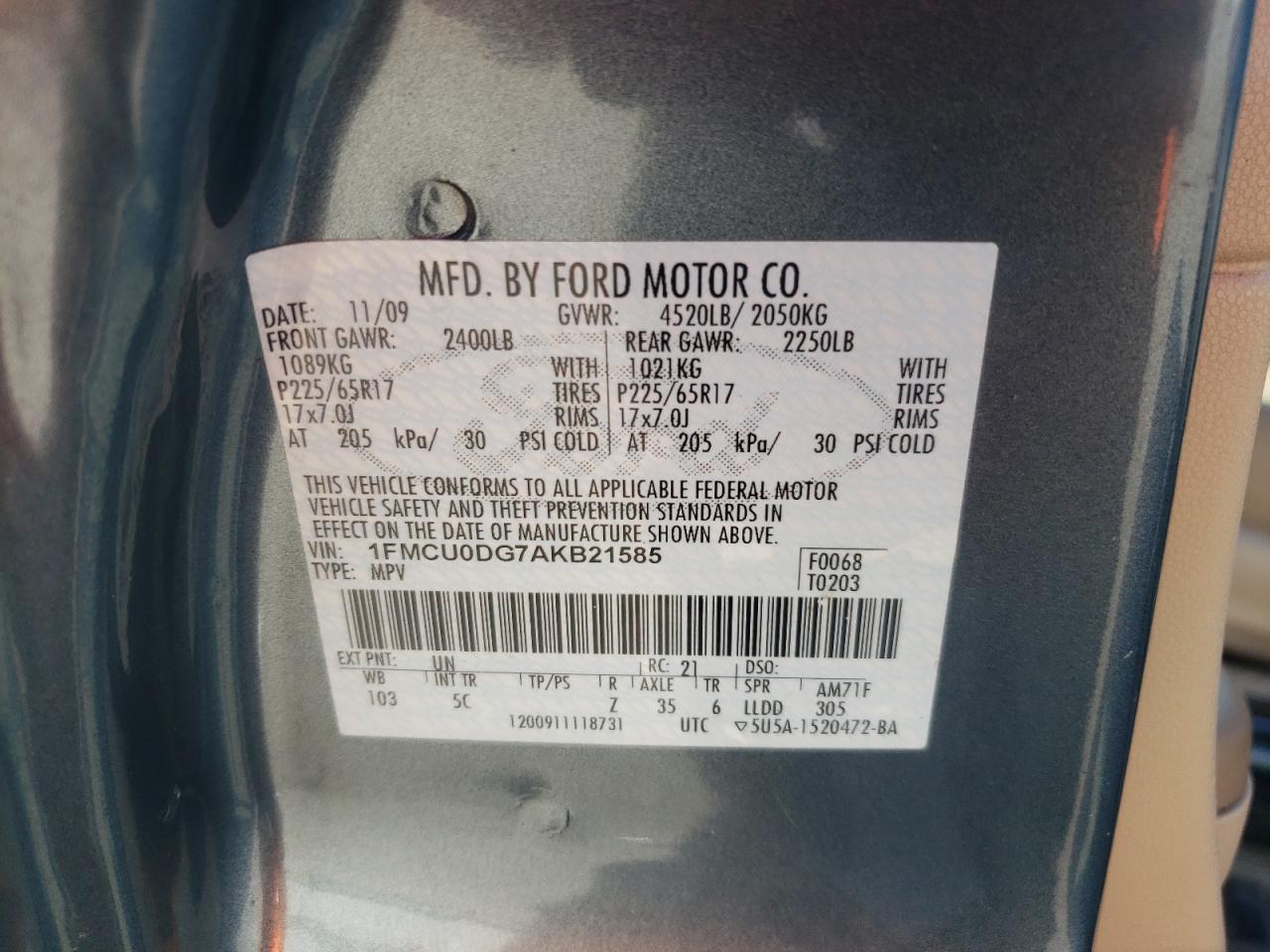 2010 Ford Escape Xlt VIN: 1FMCU0DG7AKB21585 Lot: 71064535