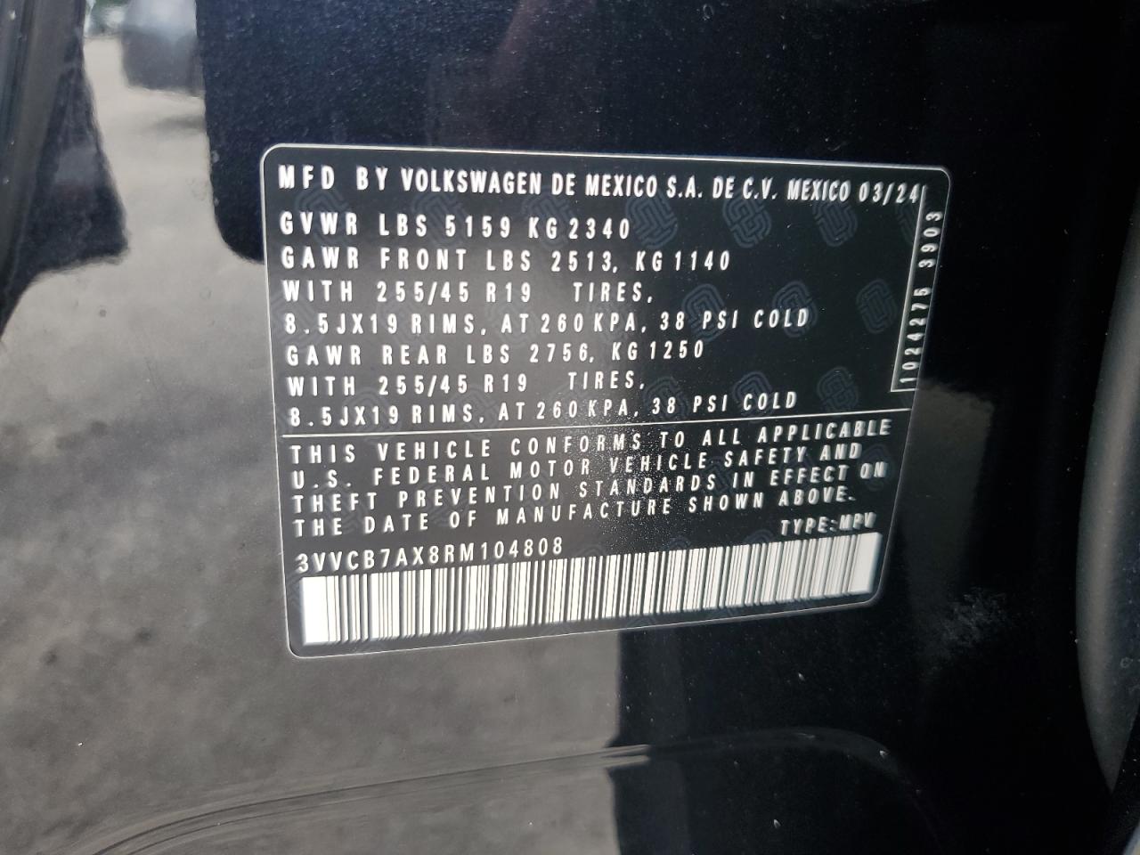 2024 Volkswagen Tiguan Se R-Line Black VIN: 3VVCB7AX8RM104808 Lot: 68450815