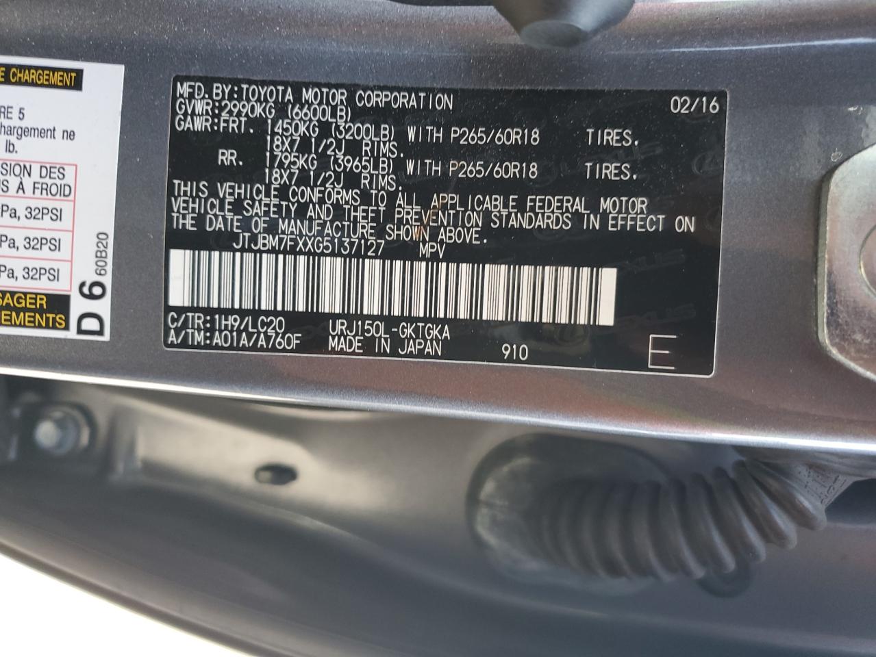 2016 Lexus Gx 460 VIN: JTJBM7FXXG5137127 Lot: 67144985