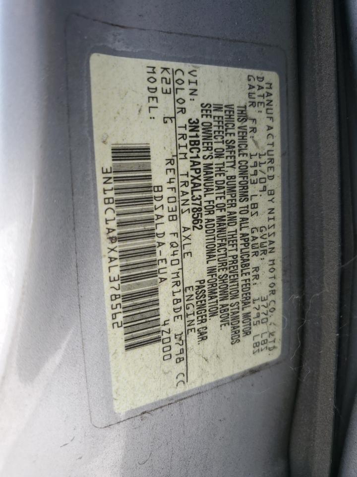 2010 Nissan Versa S VIN: 3N1BC1APXAL378562 Lot: 68310295