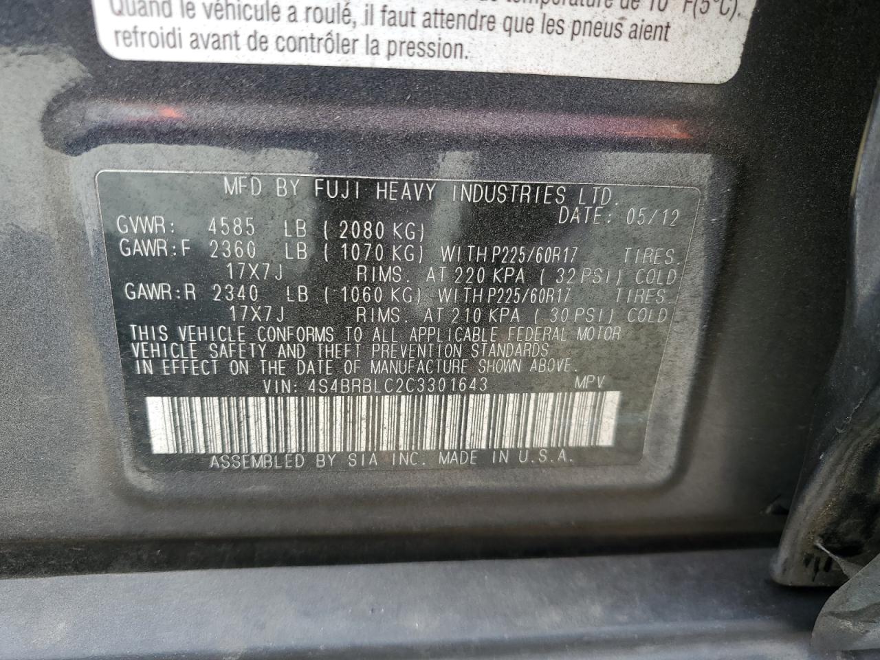 2012 Subaru Outback 2.5I Limited VIN: 4S4BRBLC2C3301643 Lot: 69505205